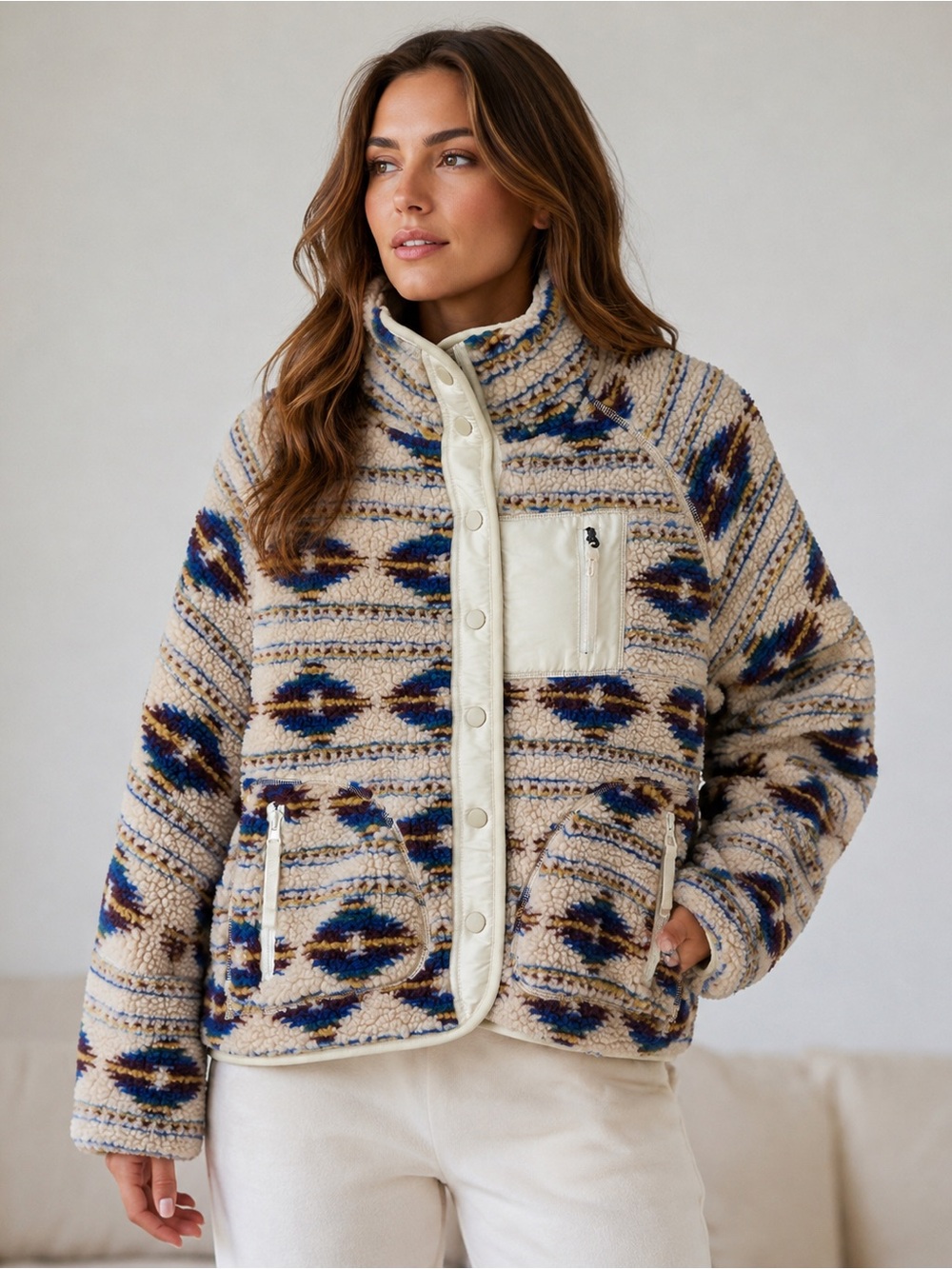 Blank NYC Ikat print snap front fleece jacket New XS